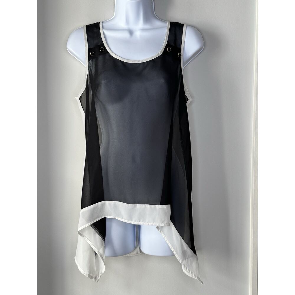 Muse Womens Sheer Top S Black White Menswear Asymmetrical Hem Corporate Goth